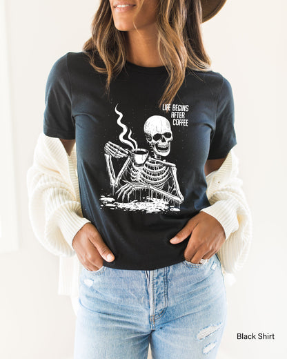 Coffee Sweatshirt,Life Begins After Coffee Shirt,Oversized Skeleton Tshirt,Funny Coffee Lover Shirts,Halloween Party Tee,Skull Sweater,C6517