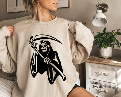 Grim Reaper Sweashirt, Ugly Grim Reaper Coffee T-shirt, Skeleton Shirt, Skeleton Halloween Shirt, Funny Grim Shirt, Grim Halloween Tee,C6497