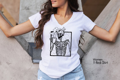 Halloween Shirt,Coffee Tshirt,Trendy Skeleton Tank Tops,Vintage Skeleton Drinking Coffee Tee,Funny Skull Racer Back,Gift For Halloween,C6141