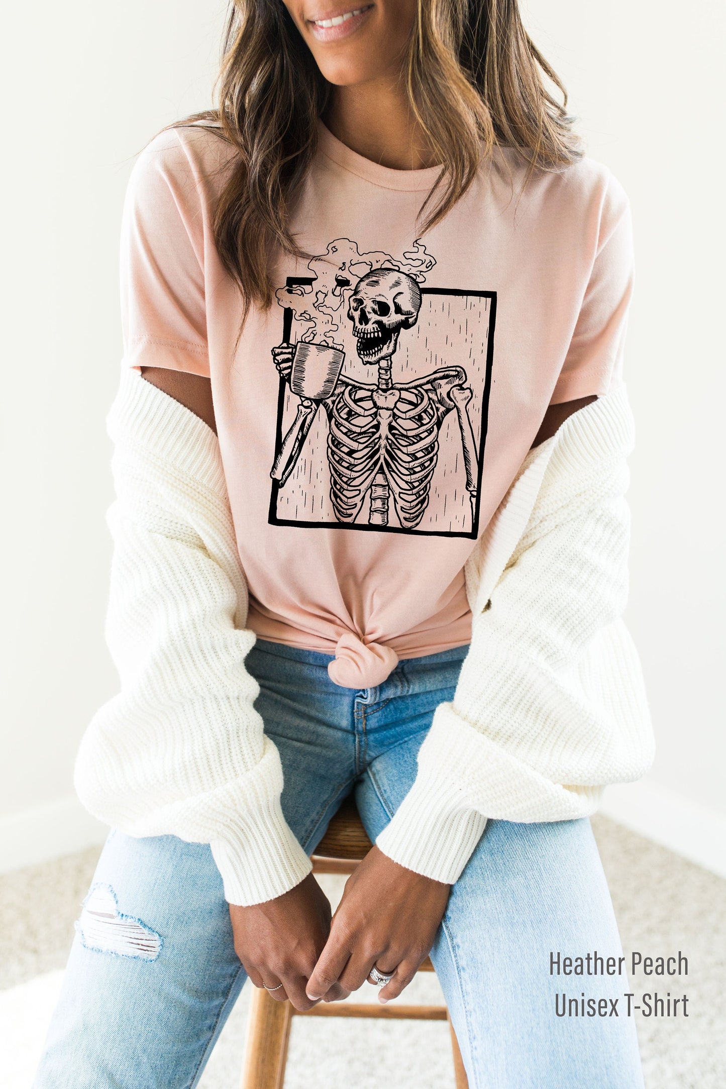 Halloween Shirt,Coffee Tshirt,Trendy Skeleton Tank Tops,Vintage Skeleton Drinking Coffee Tee,Funny Skull Racer Back,Gift For Halloween,C6141