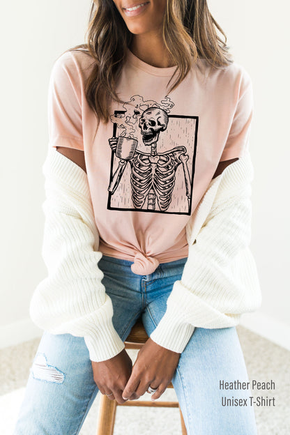 Halloween Shirt,Coffee Tshirt,Trendy Skeleton Tank Tops,Vintage Skeleton Drinking Coffee Tee,Funny Skull Racer Back,Gift For Halloween,C6141