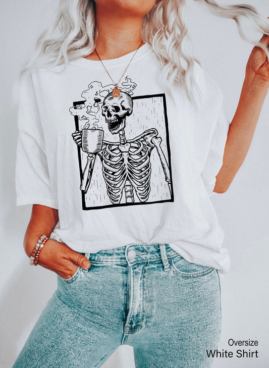 Hot Coffee Skeleton Shirt,Skeleton Drinking Coffee Shirt, Skeletons Halloween Oversized Tee,Skull Tank Top,Skull Tee,Skeleton Shirt,C6141