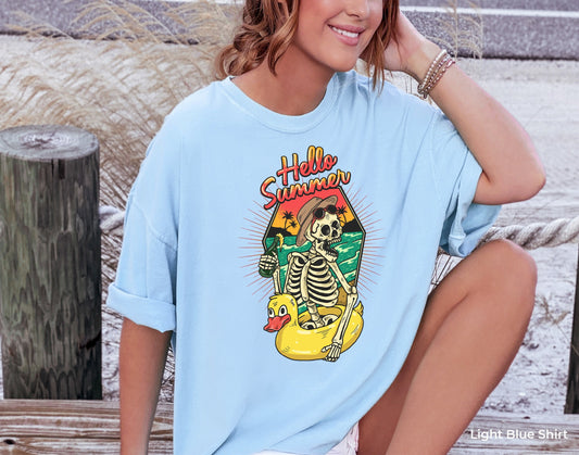 Hello Summer Funny Skeleton Shirt, Summer Lovers Shirt, Summer Vibes Tee, Skeleton On Beach Sunset Shirt, Hello Summer Shirt, C6833
