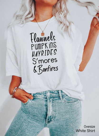 Flannels Pumpkins Hayrides S’mores & Bonfires Shirt, Fall Shirt, Funny Fall Shirt, Pumpkin Patch, Thanksgiving Tee, Clothe Design, C5353