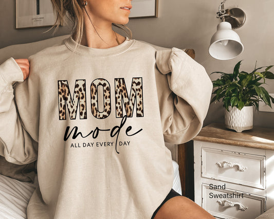 Mom Leopard Sweathirt,Mom Mode All Day Every Day Shirt,Trendy Mom life Tshirt,Mother's Day Shirt,Mom Quotes T-Shirt,Gift For Mama,C6077
