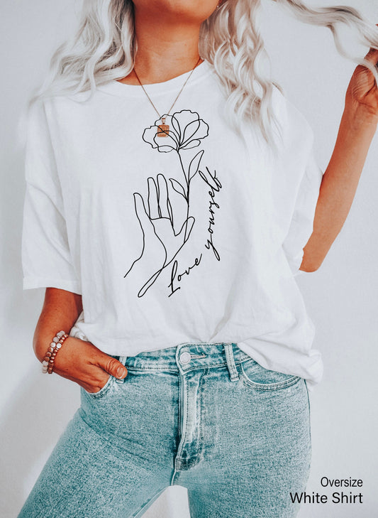 Love Yourself Sweatshirt, Flower Hoodie, Hand Heart shirt, Minimalist Shirt, Valentin Day shirt, Love Yourself Shirt,C6359