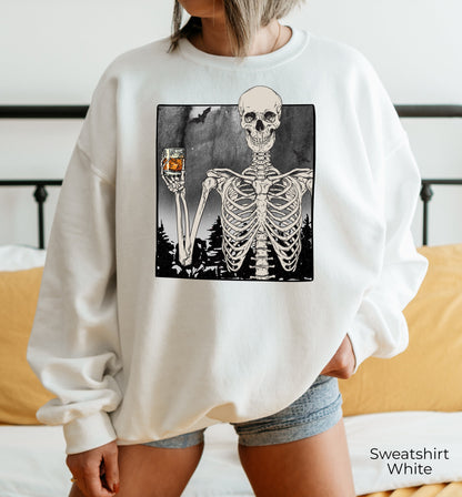 Skeleton Drinking Whiskey Halloween Sweatshirt,Skeleton Selfie Shirts,Skeletons Halloween Oversized Sweatshirt,Halloween Party Gifts,C7034