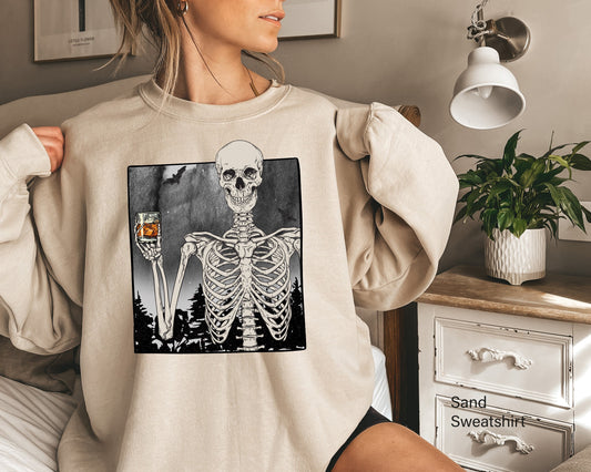 Skeleton Drinking Whiskey Halloween Sweatshirt,Skeleton Selfie Shirts,Skeletons Halloween Oversized Sweatshirt,Halloween Party Gifts,C7034