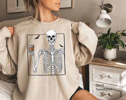 Skeleton Drinking Whiskey Halloween Sweatshirt,Skeleton Selfie Shirts,Skeletons Halloween Oversized Sweatshirt,Halloween Party Gifts,C7035