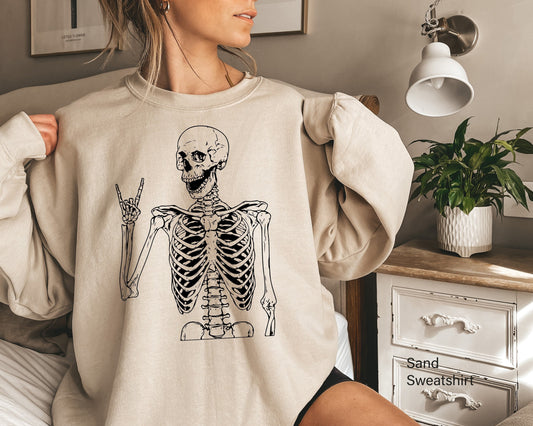 Skeleton Metal Fingers Sweatshirt, Skeleton Rock Hands Hoodie, Rock And Roll Sweatshirt, Skeleton Hand Halloween Shirt,Skeleton Hands, C7026