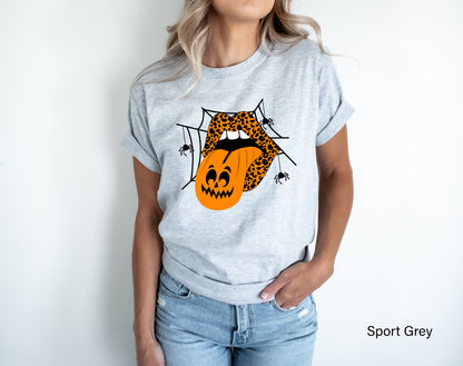 Halloween Shirt,Leopard Lips Vampire Spider web Tshirt,Pumpkin Tongue T Shirts,Halloween Mouth Tee,Halloween Party Costume T shirt,C7056
