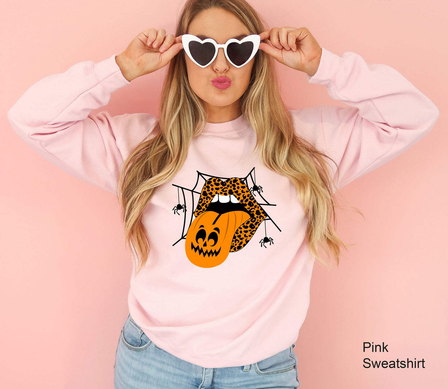 Halloween Sweatshirt,Leopard Lips Vampire Spiderweb Shirt,Pumpkin Tongue Hoodie,Halloween Mouth Tee,Halloween Party Costume T shirt ,C7056