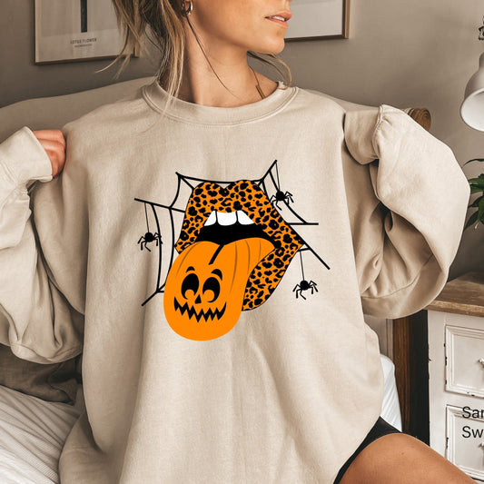 Halloween Sweatshirt,Leopard Lips Vampire Spiderweb Shirt,Pumpkin Tongue Hoodie,Halloween Mouth Tee,Halloween Party Costume T shirt ,C7056
