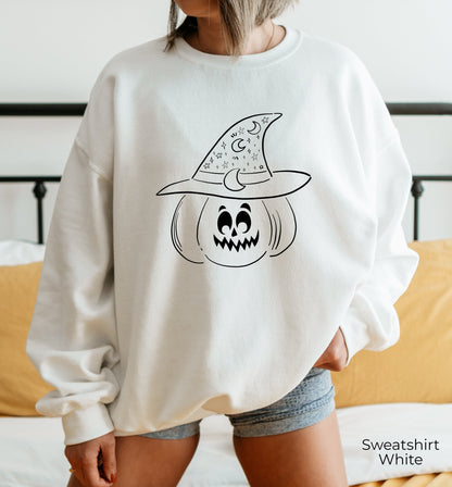 Jack O'Lantern Sweatshirt,Trendy Halloween Sweatshirt,Cute Halloween Shirt,Fall Halloween Sweater,Witch Hat Pumpkin Shirts, C7057
