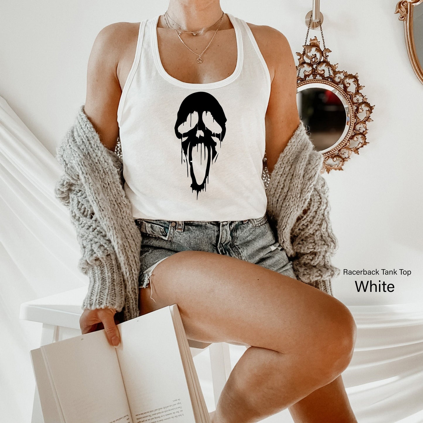 Trendy Scream Tank Tops,Funny Ghost Face Shirt,Happy Halloween Tanks,Cute Women Fall Racer Back,Horror Movie Gift,Halloween Party Tees,C7031