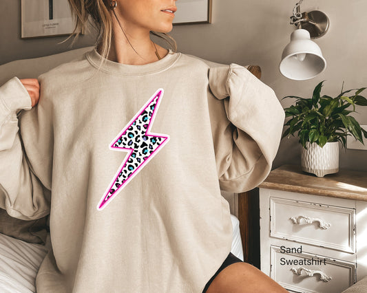 Leopard Lightning Bolt Swetshirt, Lightning Bolt Hoodie, Neon Pink Lightning Bolt Sweatshirt, Leopard Lightning Shirt, Trendy Hoodie, C7024