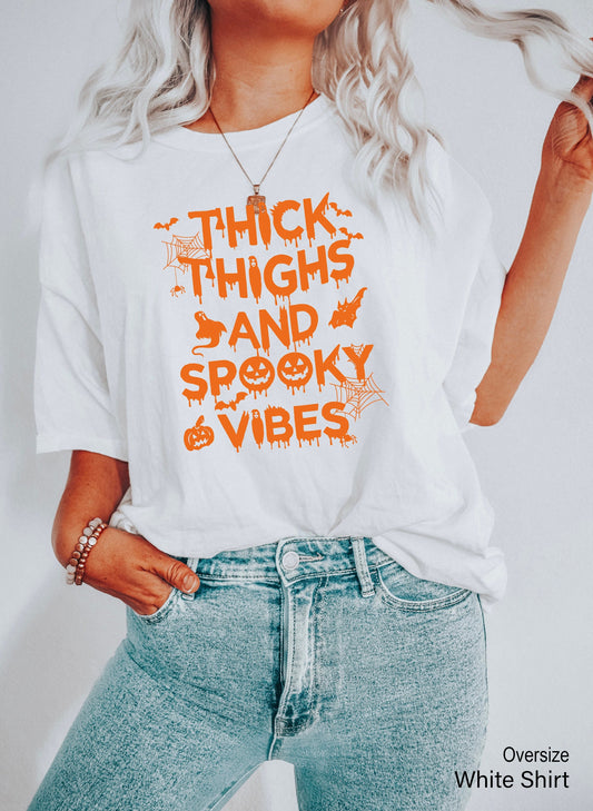 Trick or Treat Shirt,Funny Halloween Tee,Spooky Racerback,Thick Thighs And Spooky Vibes Sweat, Halloween Shirt, Fall Tee,C7049
