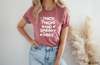 Trick or Treat Shirt,Funny Halloween Tee,Spooky Racerback,Thick Thighs And Spooky Vibes Sweat, Halloween Shirt, Fall Tee,C7049
