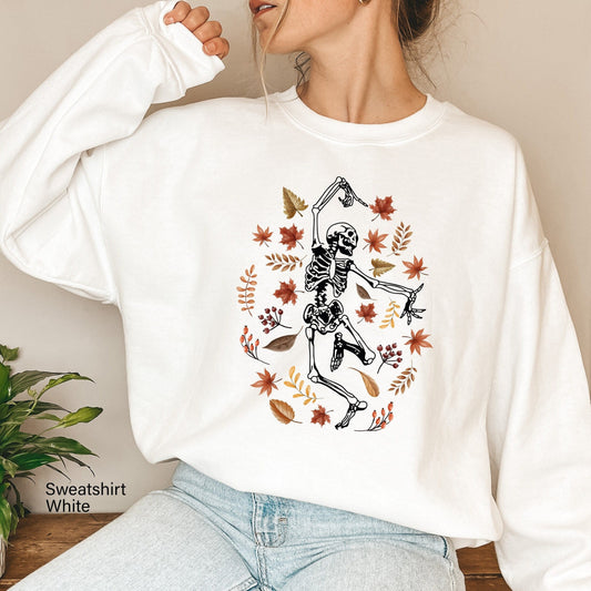 Halloween Sweatshirt,Skeleton Leaves Shirt,Cute Dancing Skeleton Hoodie,Trendy Halloween Costume for Womens,Oversized Fall Tshirt,C6148