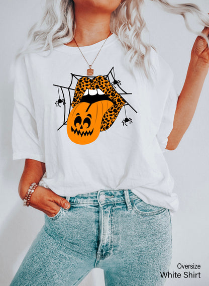 Halloween Sweatshirt,Leopard Lips Vampire Spiderweb Shirt,Pumpkin Tongue Hoodie,Halloween Mouth Tee,Halloween Party Costume T shirt ,C7056