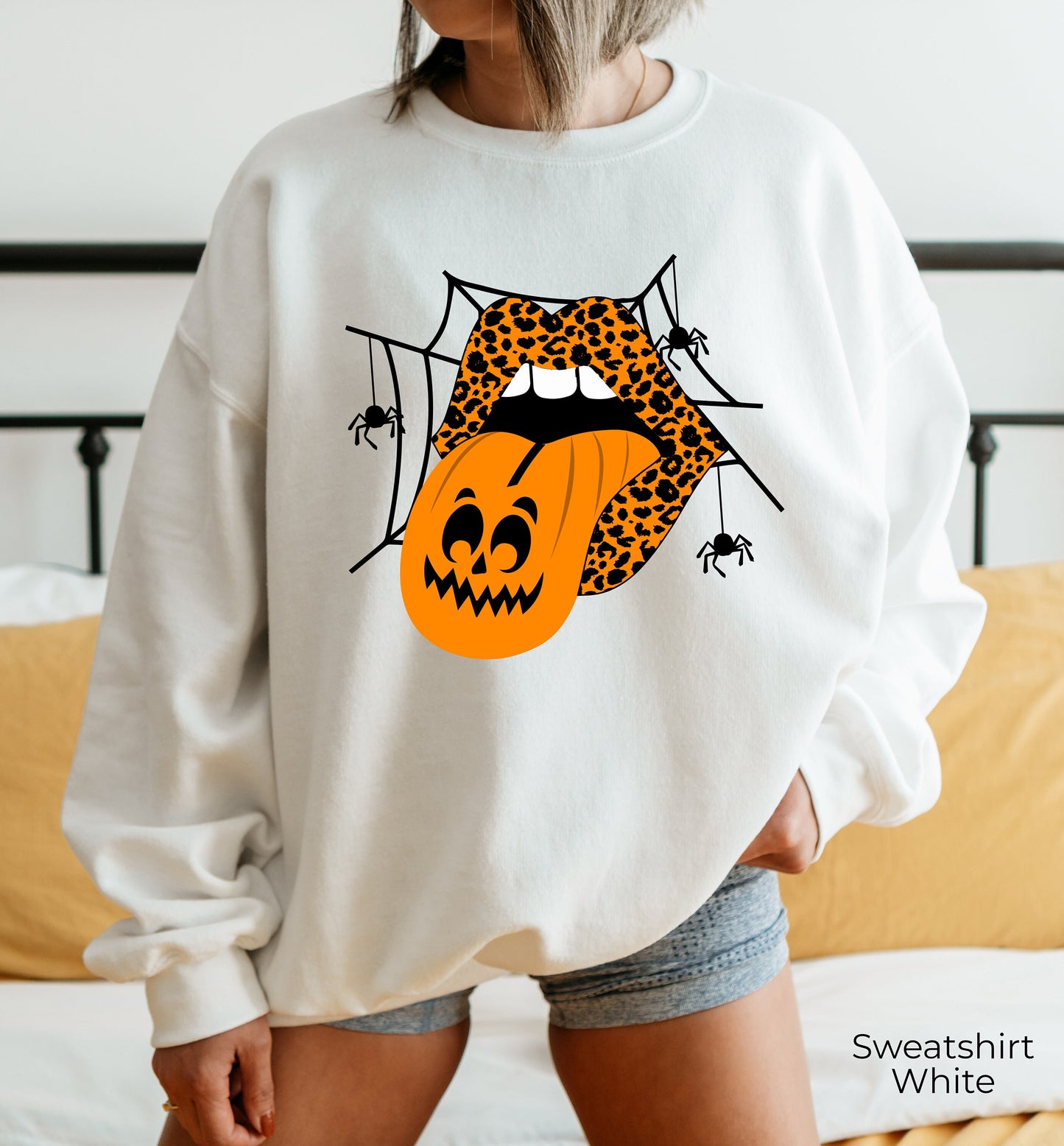 Halloween Sweatshirt,Leopard Lips Vampire Spiderweb Shirt,Pumpkin Tongue Hoodie,Halloween Mouth Tee,Halloween Party Costume T shirt ,C7056