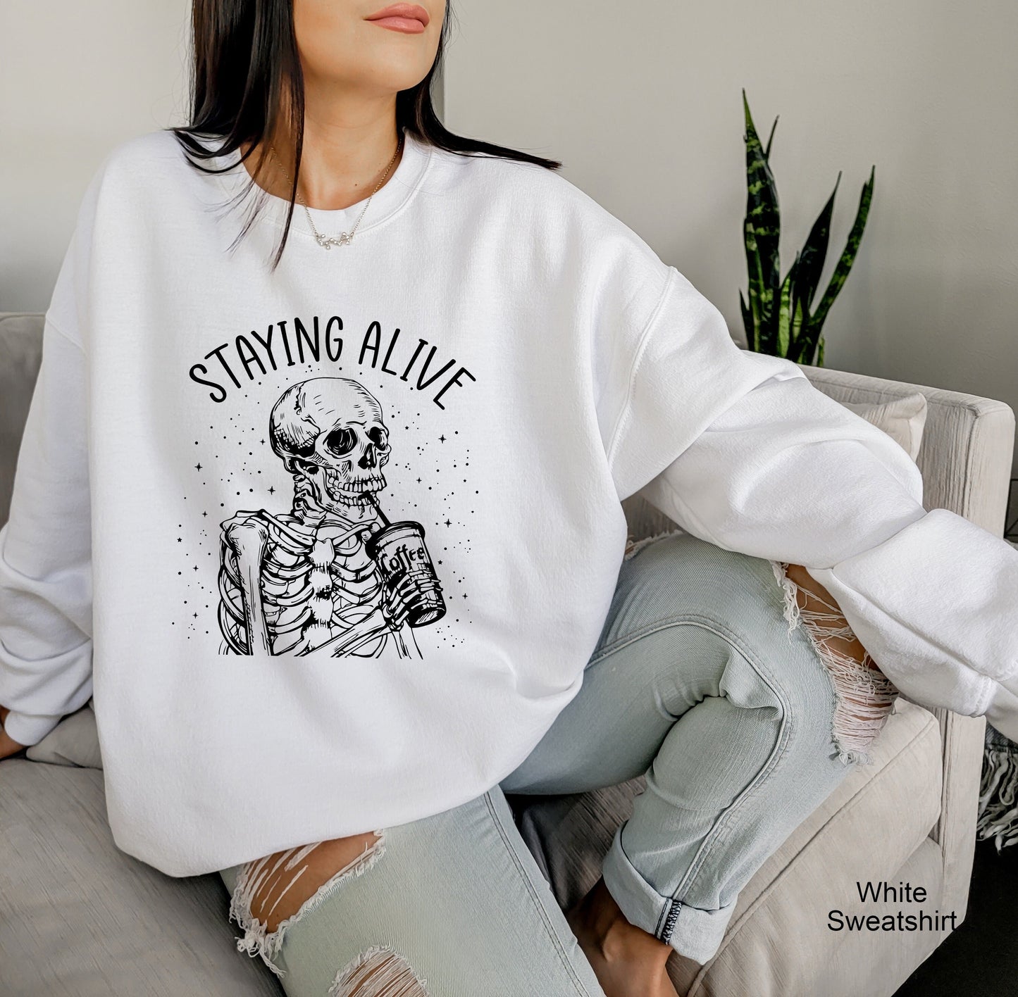 Staying Alive Skeleton Sweatshirt,Skeleton Shirt,Trendy Halloween Hoodie,Oversized Fall Tshirt,Mom Halloween Shirt,Halloween Party Tee,C6516