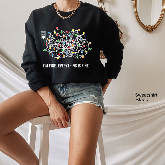 Christmas Sweatshirt,I'm Fine Everything Is Fine Christmas Sweater,Tangled Christmas lights Shirt,Christmas Party Hoodie,Women Tee,C6320
