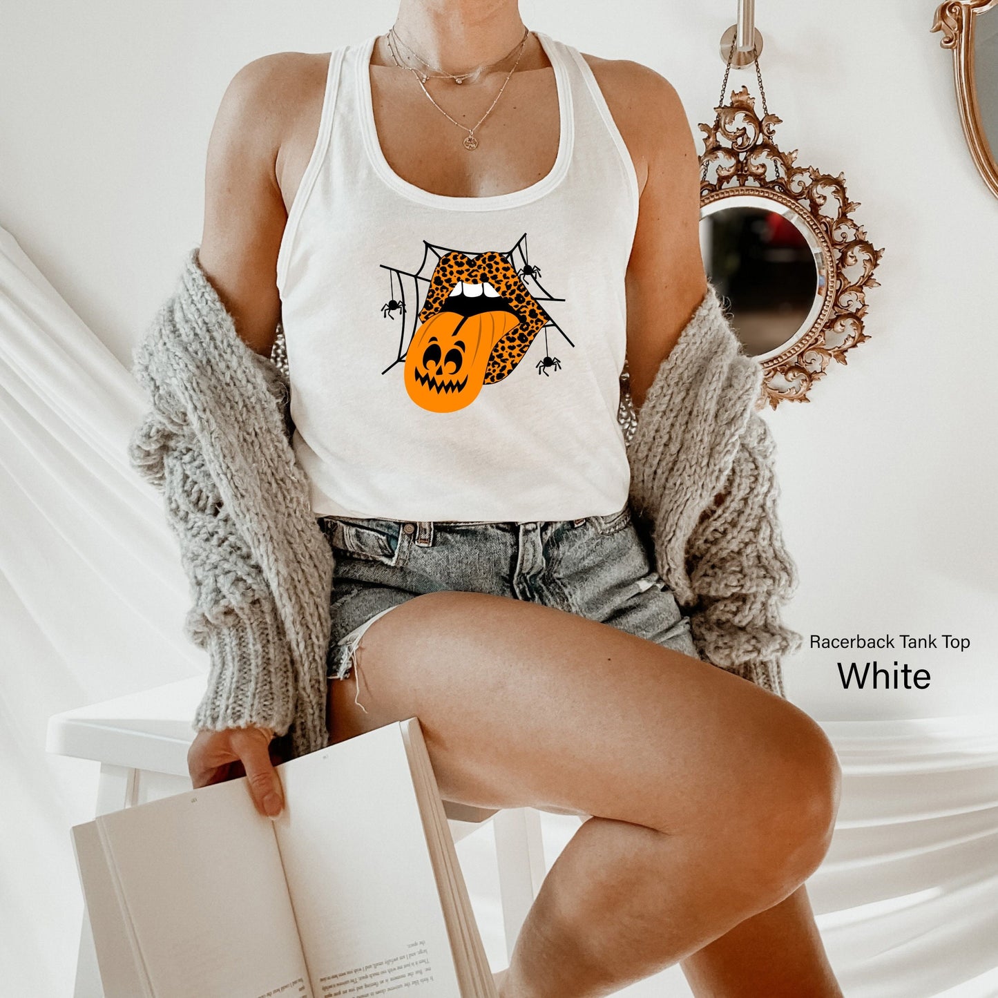 Trendy Halloween Tanks,Leopard Lips Vampire Spider web Tank Top,Pumpkin Tongue Shirts,Halloween Mouth RscerBack,Halloween Party Tees,C7056
