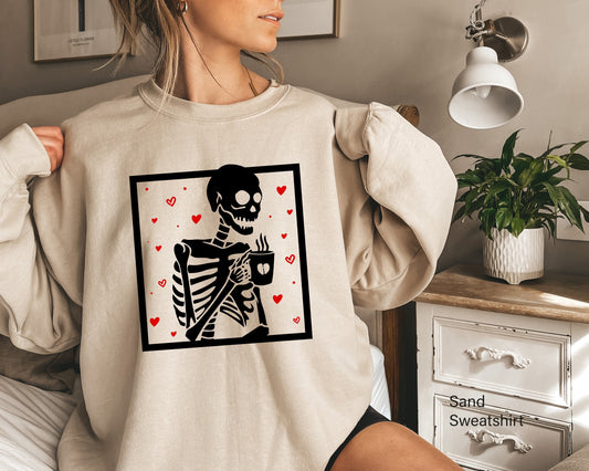 Hot Coffee Skeleton Sweatshirt,Skeleton Love Coffee Shirt,Skeletons Halloween Oversized Tee,Skull Hoodie,Skull Tee,Lover Skeleton,C7104