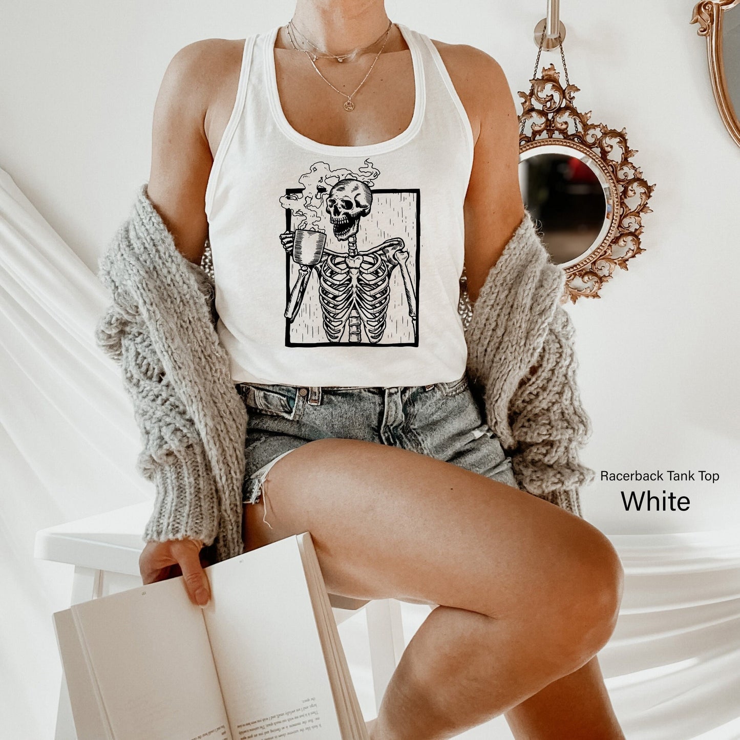 Halloween Shirt,Coffee Tshirt,Trendy Skeleton Tank Tops,Vintage Skeleton Drinking Coffee Tee,Funny Skull Racer Back,Gift For Halloween,C6141